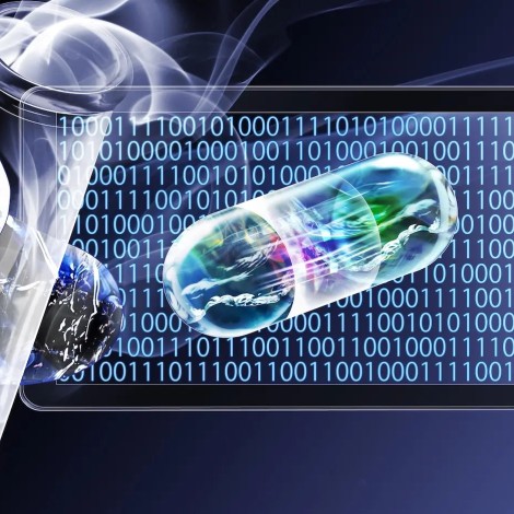 Digital montage of a capsule superimposed upon a tablet screen with a background of binary digits